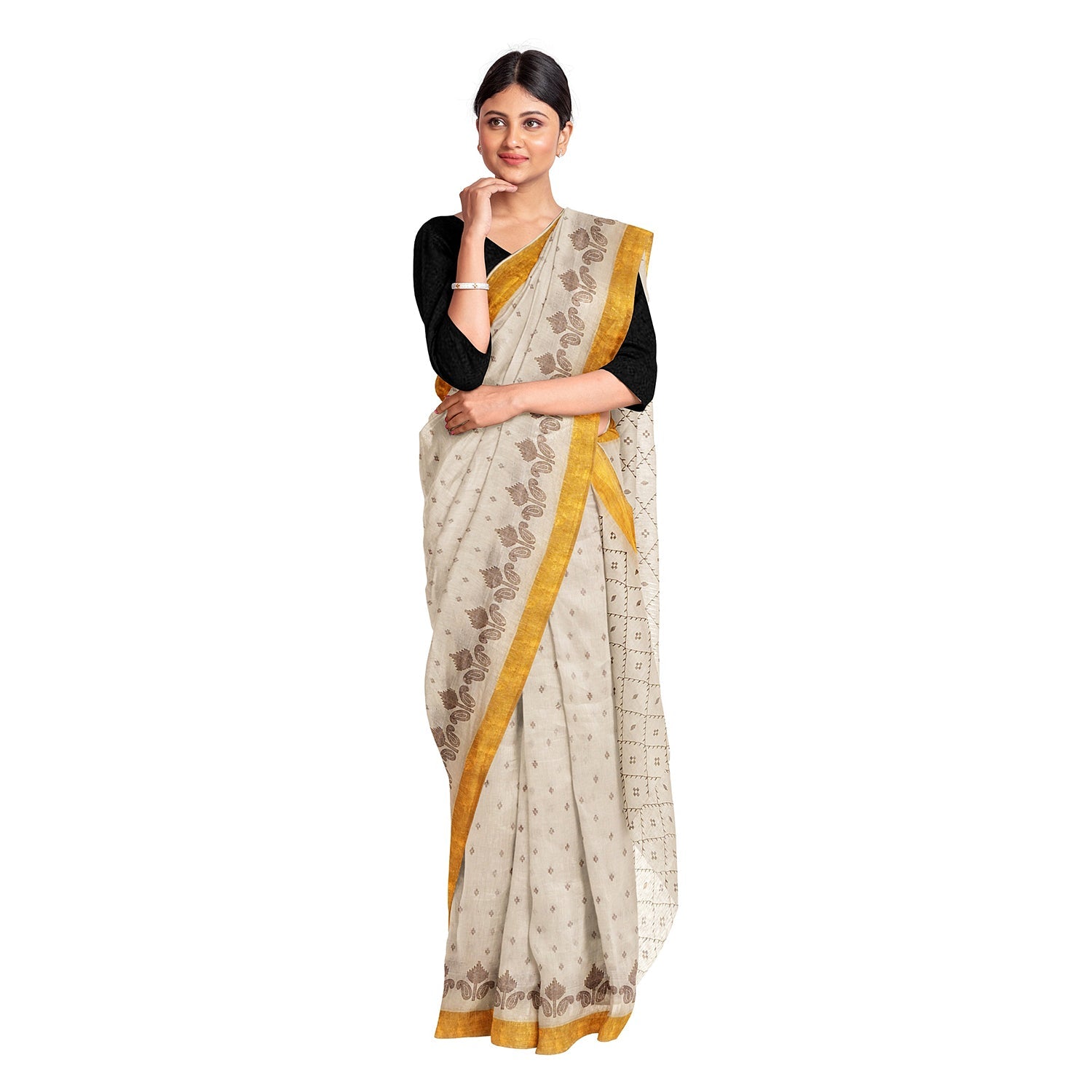 Exclusive Collection 100% Pure Cotton Off White Brown Saree With Printed Work - Swadesiicart