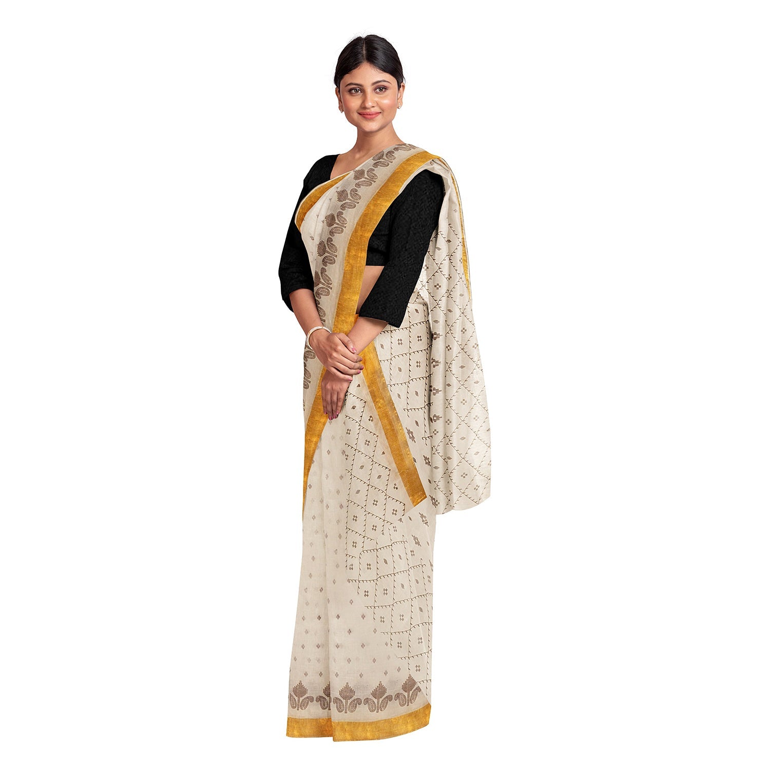 Exclusive Collection 100% Pure Cotton Off White Brown Saree With Printed Work - Swadesiicart