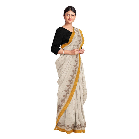 Exclusive Collection 100% Pure Cotton Off White Brown Saree With Printed Work - Swadesiicart