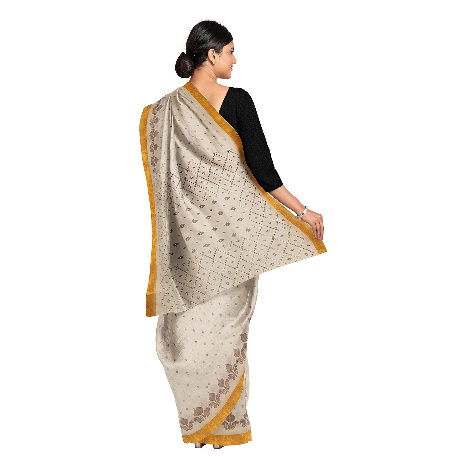 Exclusive Collection 100% Pure Cotton Off White Brown Saree With Printed Work - Swadesiicart