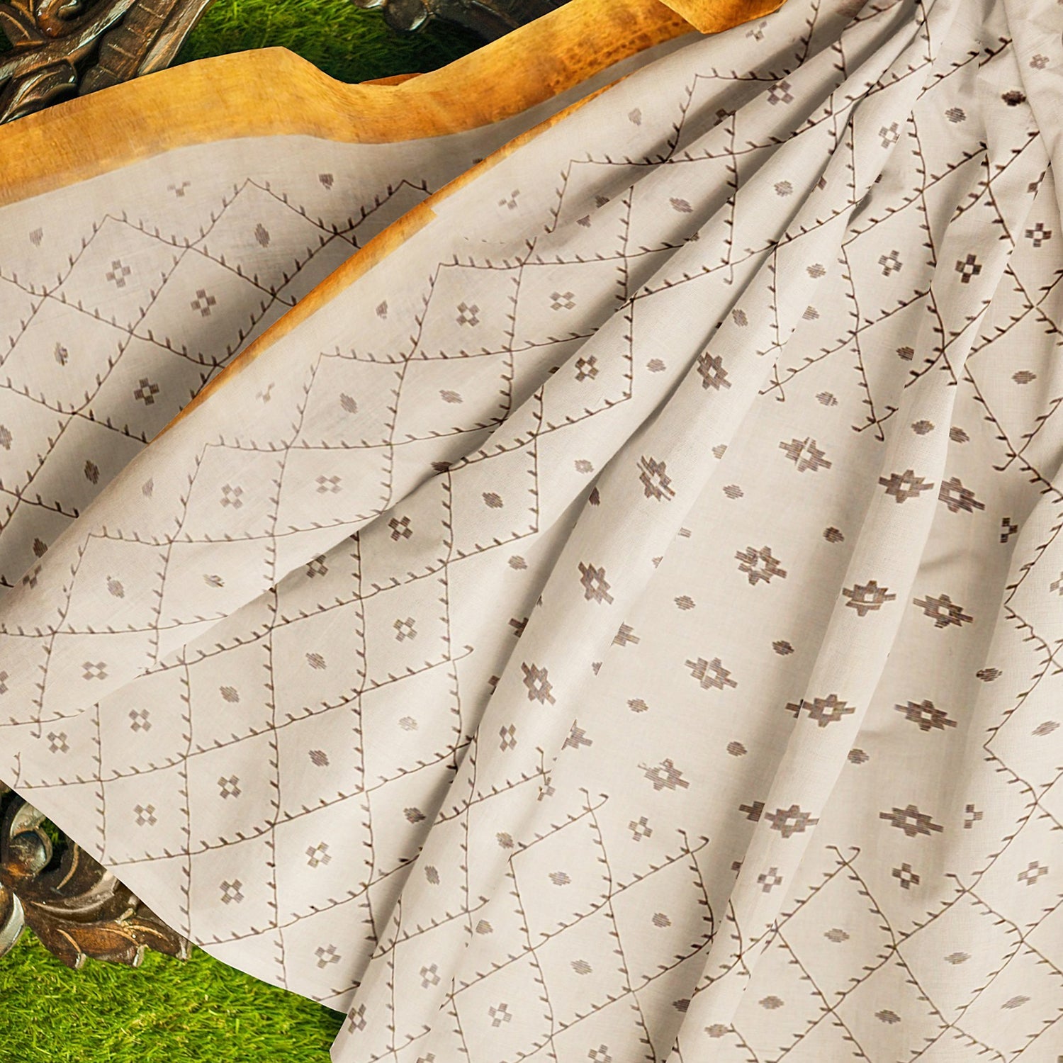 Exclusive Collection 100% Pure Cotton Off White Brown Saree With Printed Work - Swadesiicart