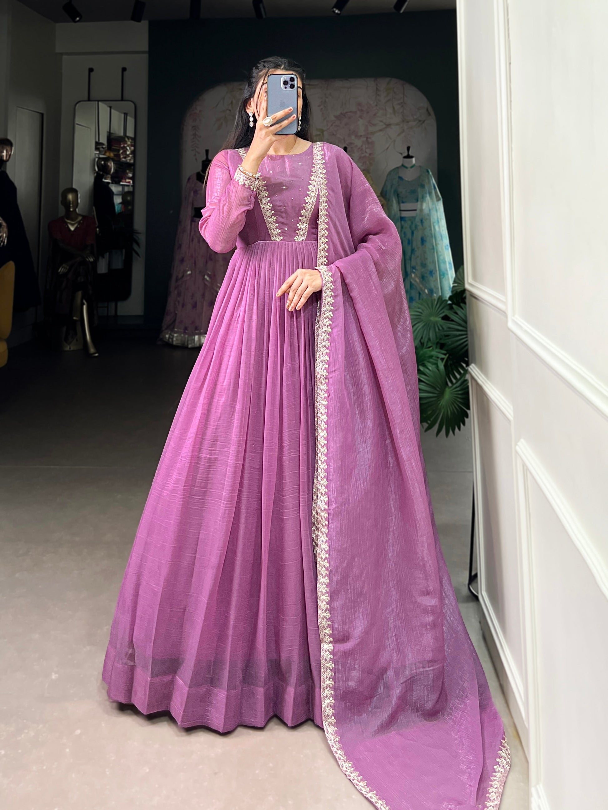 Lorenvalley Lavender Silver Glory Hotfix With Sequins and Thread Embroidery Work Lace Touch Up Gown with Dupatta | Swadesiicart