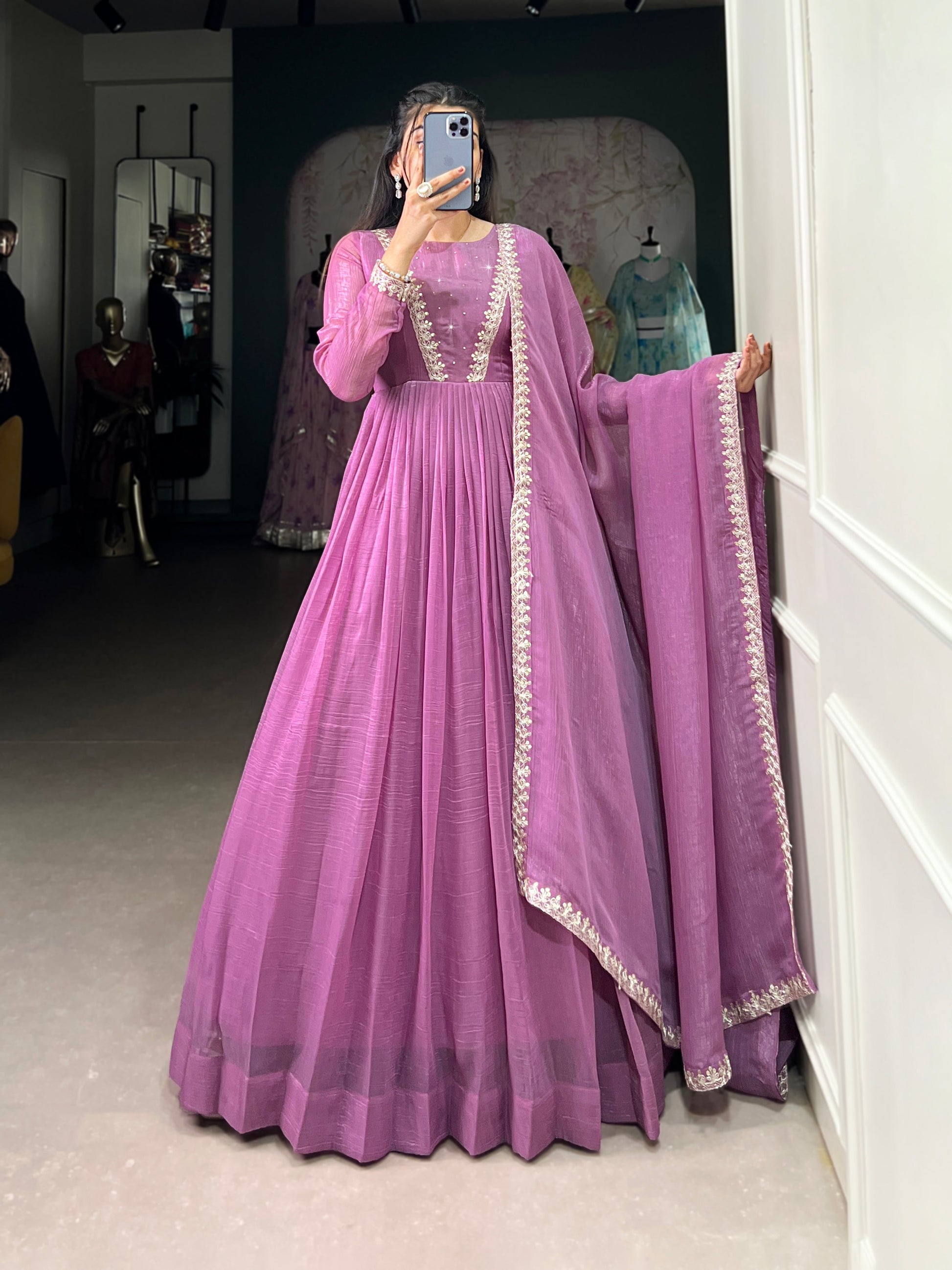 Lorenvalley Lavender Silver Glory Hotfix With Sequins and Thread Embroidery Work Lace Touch Up Gown with Dupatta | Swadesiicart