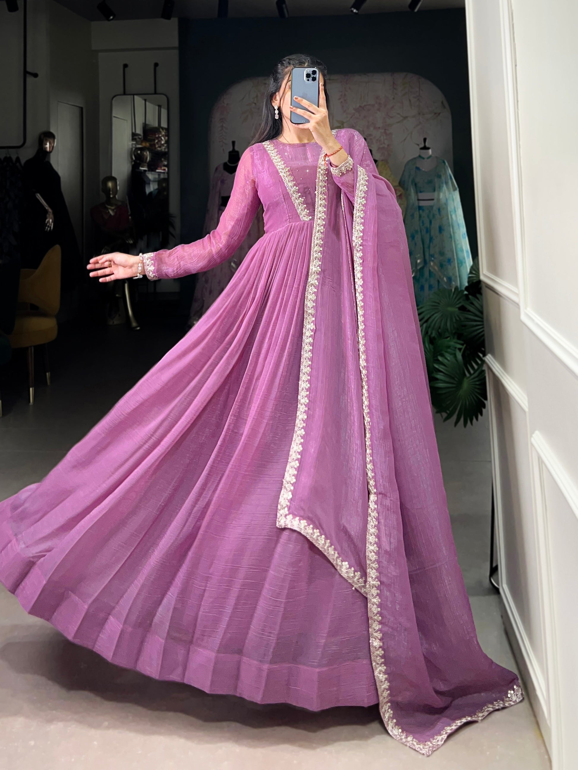Lorenvalley Lavender Silver Glory Hotfix With Sequins and Thread Embroidery Work Lace Touch Up Gown with Dupatta | Swadesiicart