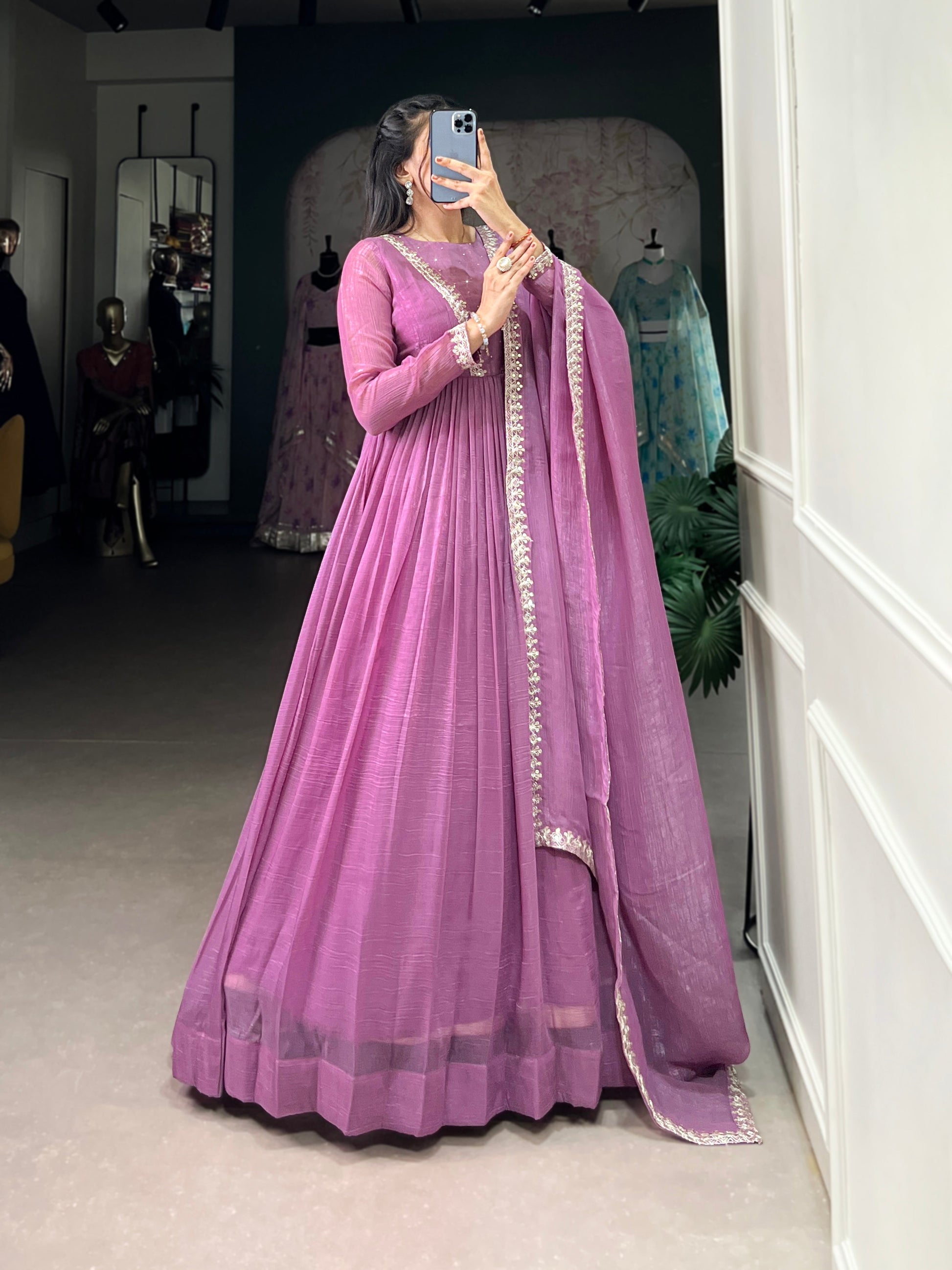 Lorenvalley Lavender Silver Glory Hotfix With Sequins and Thread Embroidery Work Lace Touch Up Gown with Dupatta | Swadesiicart