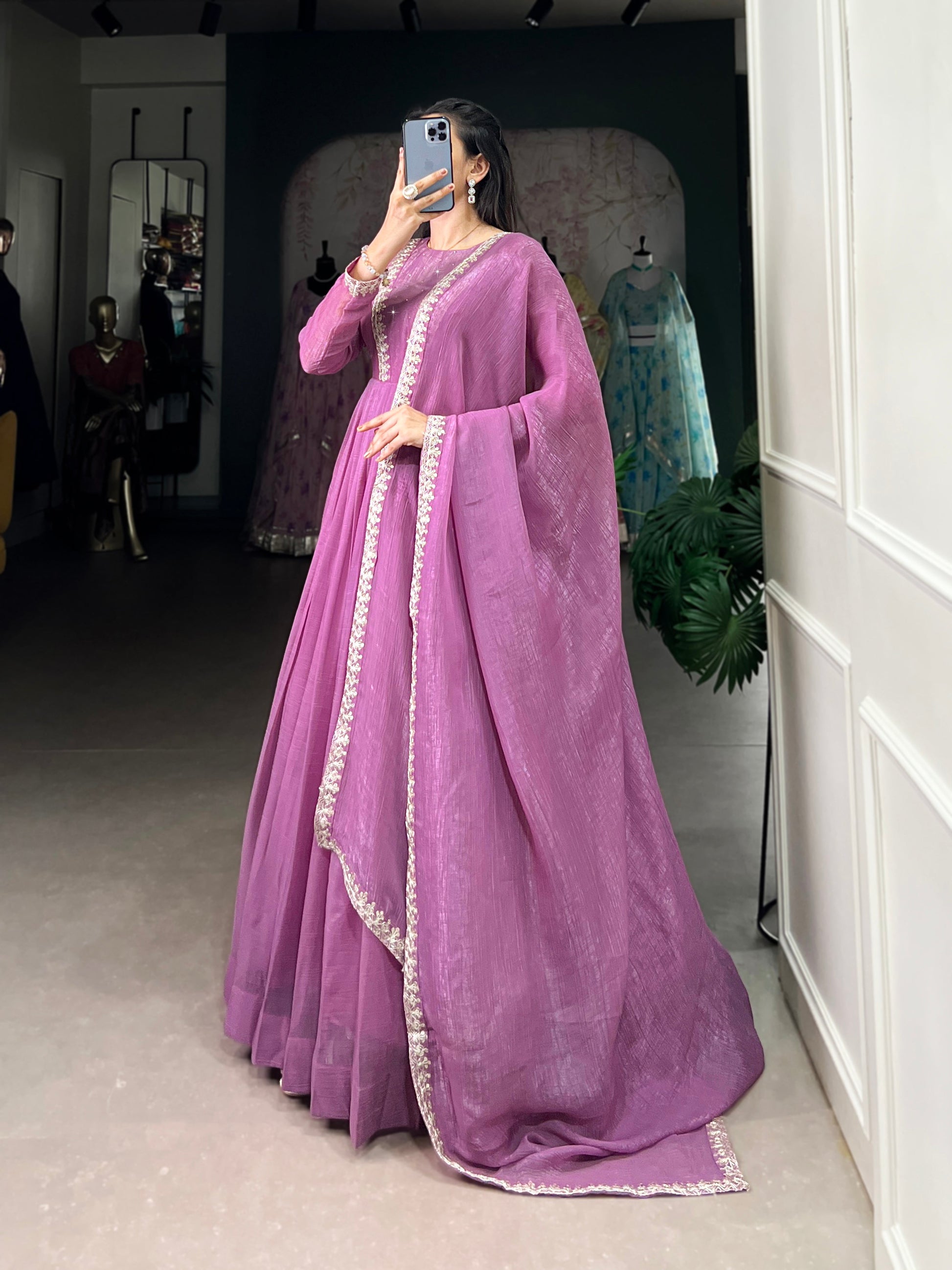 Lorenvalley Lavender Silver Glory Hotfix With Sequins and Thread Embroidery Work Lace Touch Up Gown with Dupatta | Swadesiicart