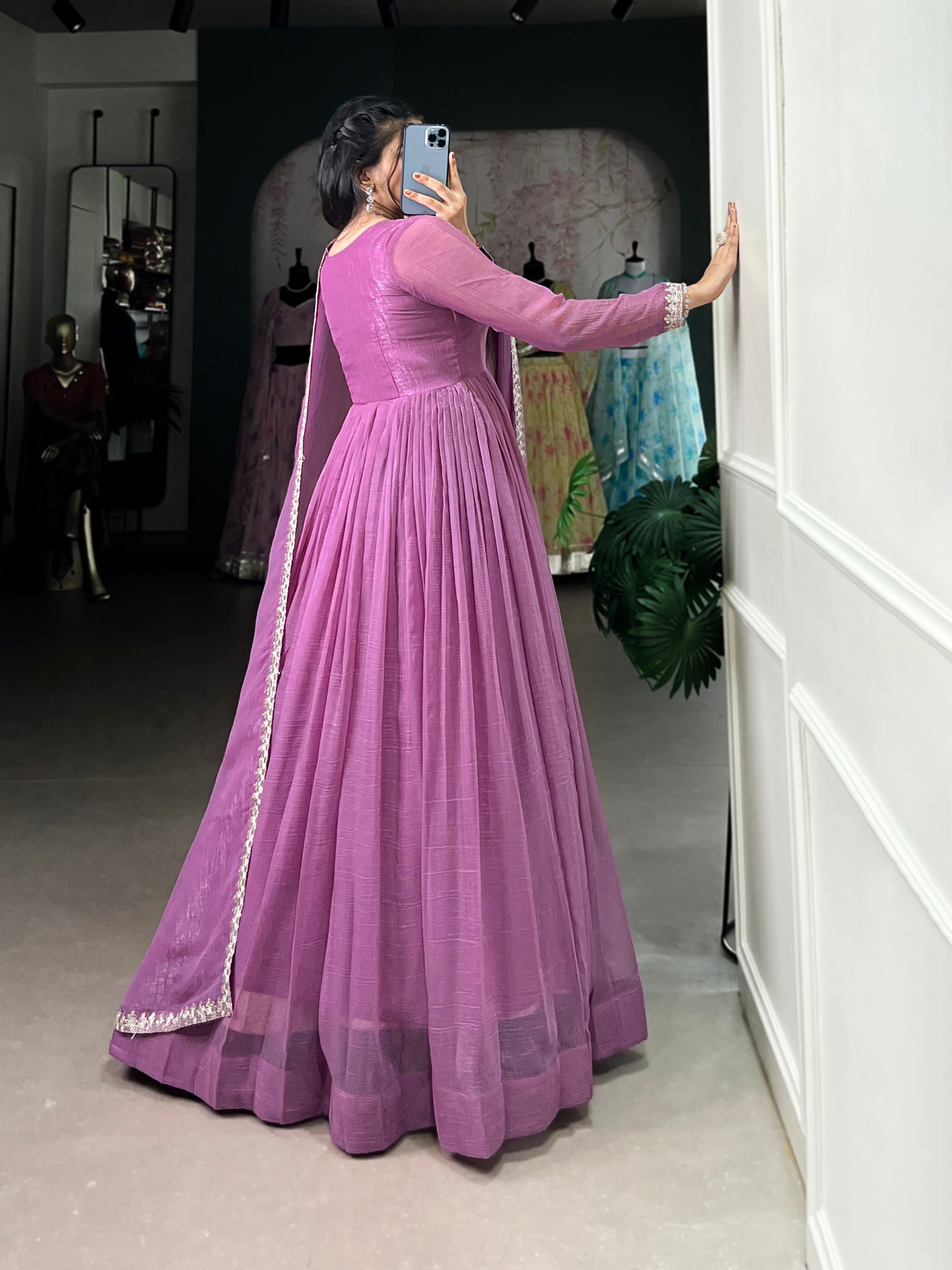 Lorenvalley Lavender Silver Glory Hotfix With Sequins and Thread Embroidery Work Lace Touch Up Gown with Dupatta | Swadesiicart