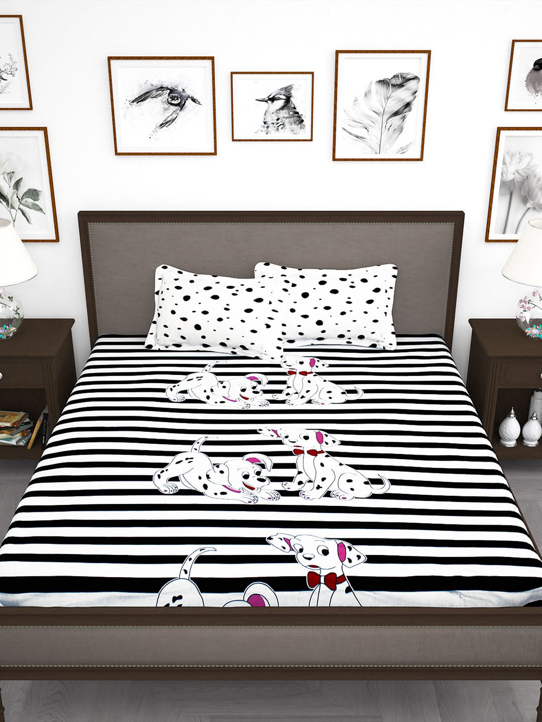 Story@home White & Black Cartoon Characters King Bedsheet with 2 Pillow Covers - Swadesiicart