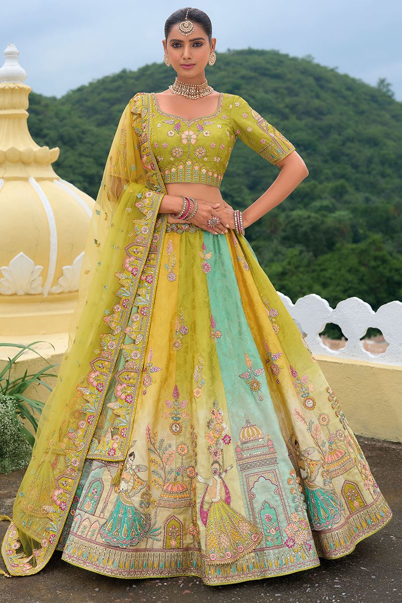 Monjolika Fashion Designer Silk Multi Color Bridal Wear Khatli Work Readymade Lehenga Choli - Swadesiicart