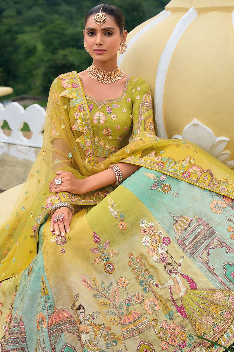 Monjolika Fashion Designer Silk Multi Color Bridal Wear Khatli Work Readymade Lehenga Choli - Swadesiicart