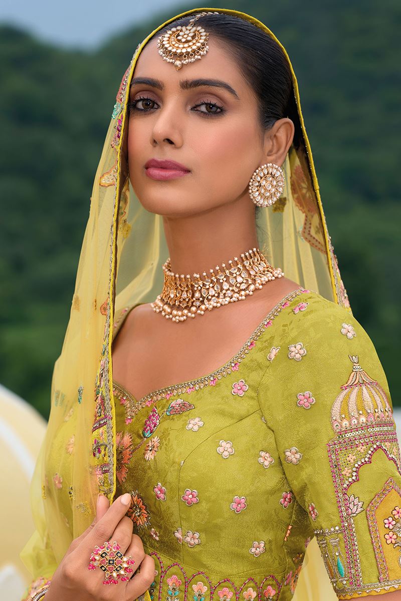 Monjolika Fashion Designer Silk Multi Color Bridal Wear Khatli Work Readymade Lehenga Choli - Swadesiicart