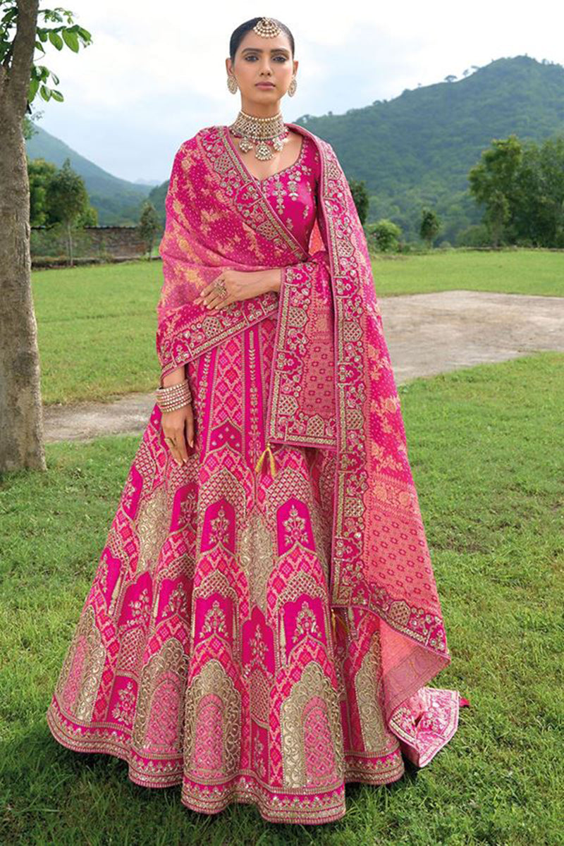 Monjolika Fashion Designer Silk Rani Pink Color Bridal Wear Khatli Work Readymade Lehenga Choli - Swadesiicart