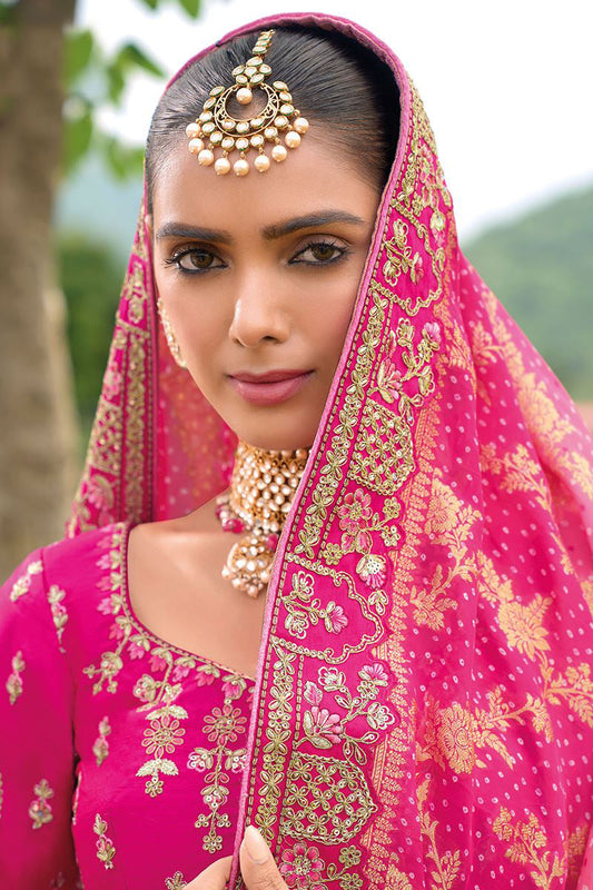 Monjolika Fashion Designer Silk Rani Pink Color Bridal Wear Khatli Work Readymade Lehenga Choli - Swadesiicart