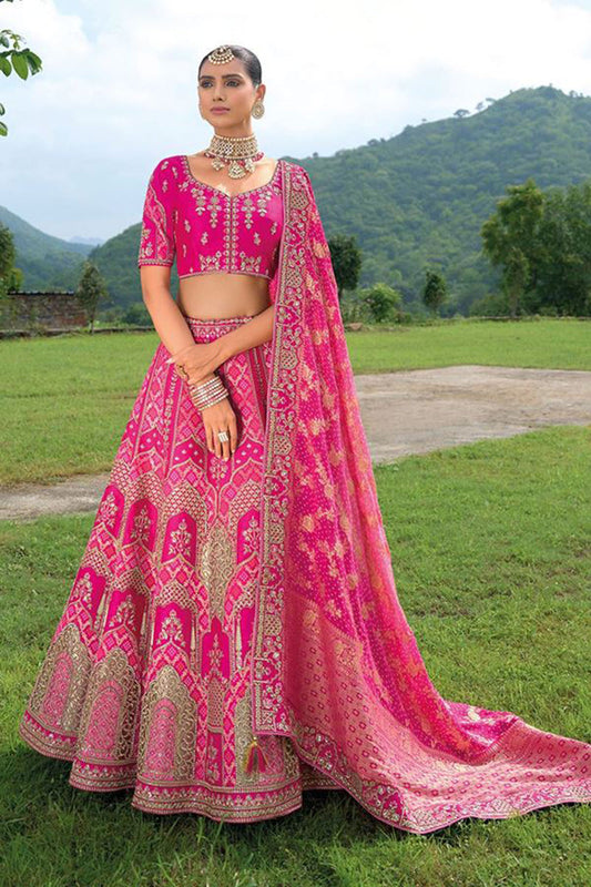 Monjolika Fashion Designer Silk Rani Pink Color Bridal Wear Khatli Work Readymade Lehenga Choli - Swadesiicart