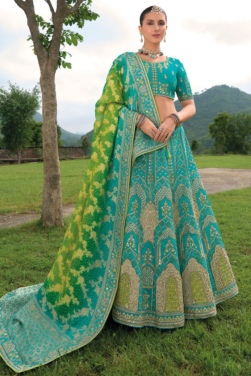 Monjolika Fashion Designer Silk Turquoise Color Bridal Wear Khatli Work Readymade Lehenga Choli - Swadesiicart