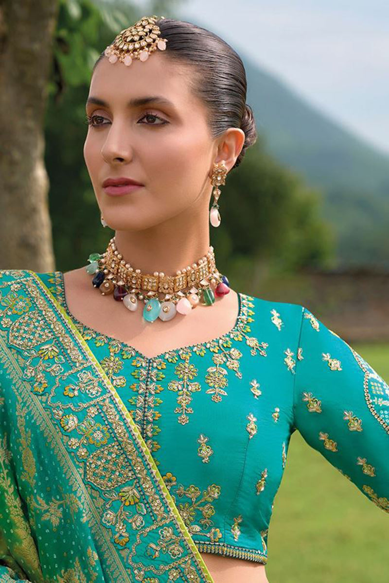 Monjolika Fashion Designer Silk Turquoise Color Bridal Wear Khatli Work Readymade Lehenga Choli - Swadesiicart