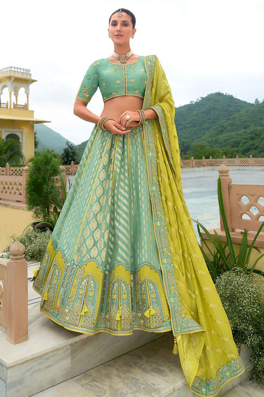 Monjolika Fashion Designer Silk Sea Green Color Bridal Wear Khatli Work Readymade Lehenga Choli - Swadesiicart