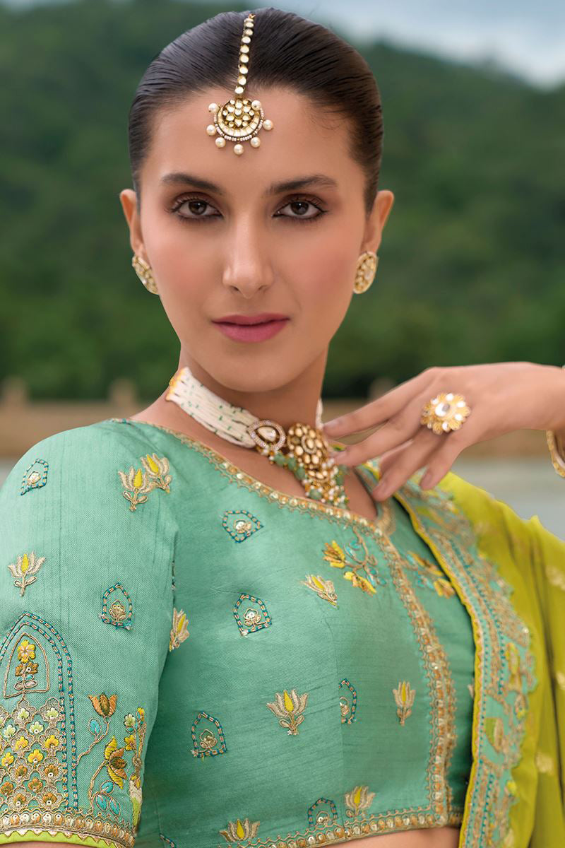 Monjolika Fashion Designer Silk Sea Green Color Bridal Wear Khatli Work Readymade Lehenga Choli - Swadesiicart