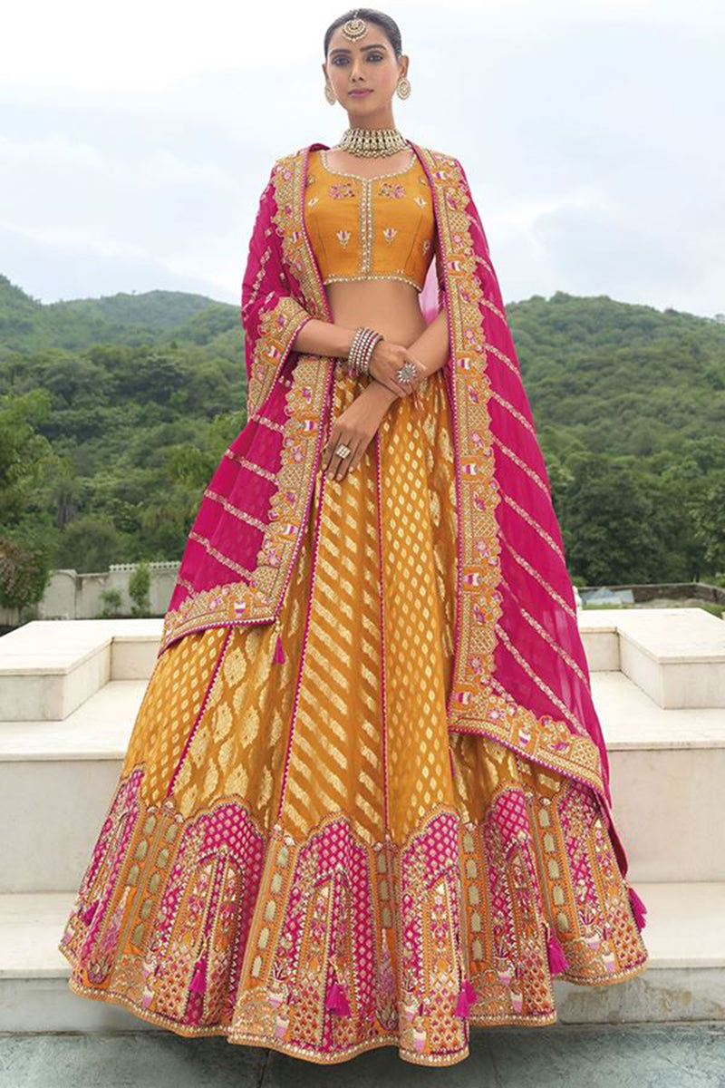 Monjolika Fashion Designer Silk Orange Color Bridal Wear Khatli Work Readymade Lehenga Choli - Swadesiicart