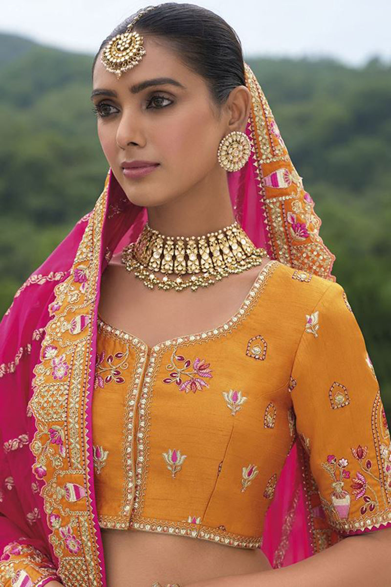 Monjolika Fashion Designer Silk Orange Color Bridal Wear Khatli Work Readymade Lehenga Choli - Swadesiicart