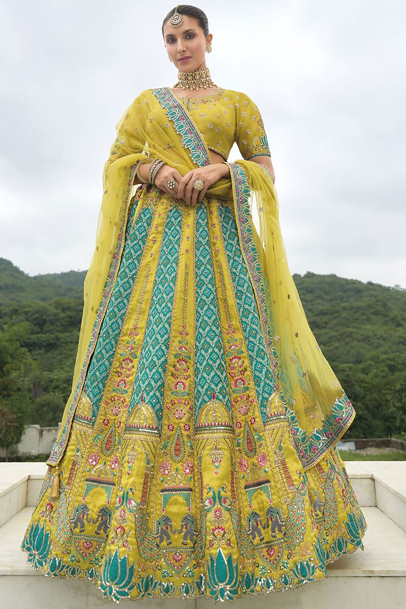 Monjolika Fashion Designer Silk Parrot Green Color Bridal Wear Khatli Work Readymade Lehenga Choli - Swadesiicart