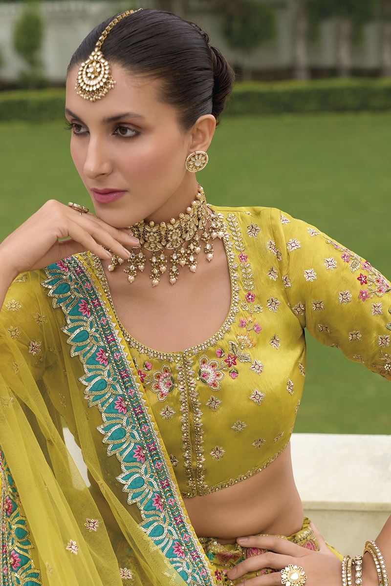 Monjolika Fashion Designer Silk Parrot Green Color Bridal Wear Khatli Work Readymade Lehenga Choli - Swadesiicart