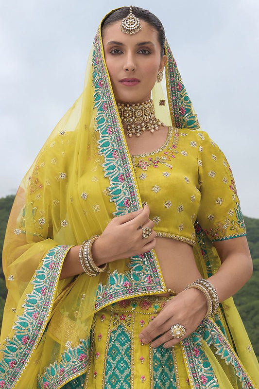 Monjolika Fashion Designer Silk Parrot Green Color Bridal Wear Khatli Work Readymade Lehenga Choli - Swadesiicart