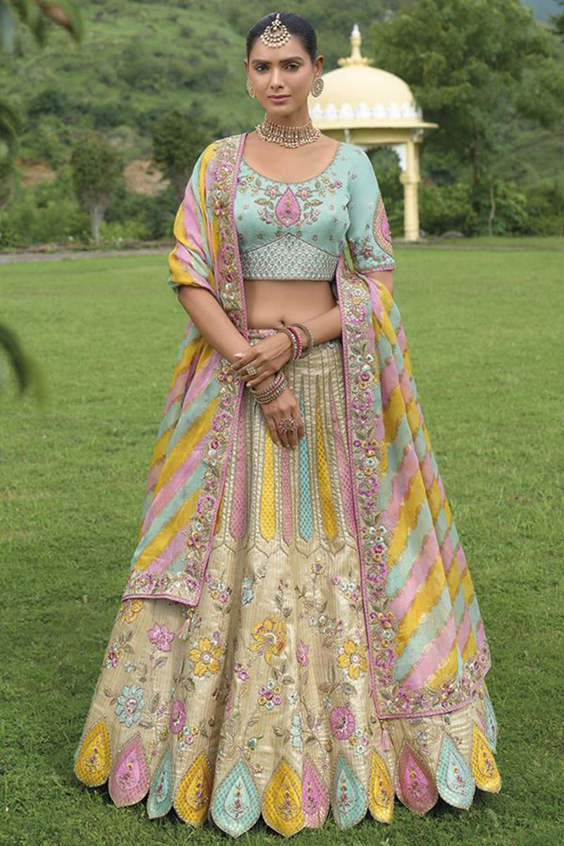 Monjolika Fashion Designer Silk Cream And Sky Blue Color Bridal Wear Khatli Work Readymade Lehenga Choli - Swadesiicart