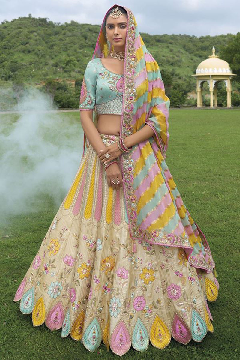 Monjolika Fashion Designer Silk Cream And Sky Blue Color Bridal Wear Khatli Work Readymade Lehenga Choli - Swadesiicart