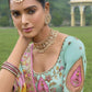 Monjolika Fashion Designer Silk Cream And Sky Blue Color Bridal Wear Khatli Work Readymade Lehenga Choli - Swadesiicart