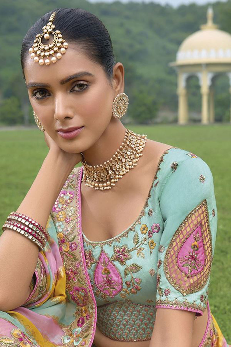 Monjolika Fashion Designer Silk Cream And Sky Blue Color Bridal Wear Khatli Work Readymade Lehenga Choli - Swadesiicart
