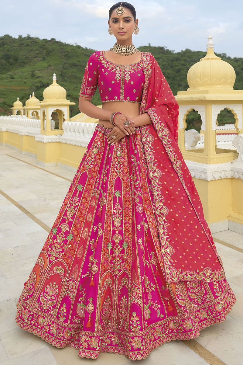 Monjolika Fashion Designer Silk Rani Pink Color Bridal Wear Khatli Work Readymade Lehenga Choli - Swadesiicart
