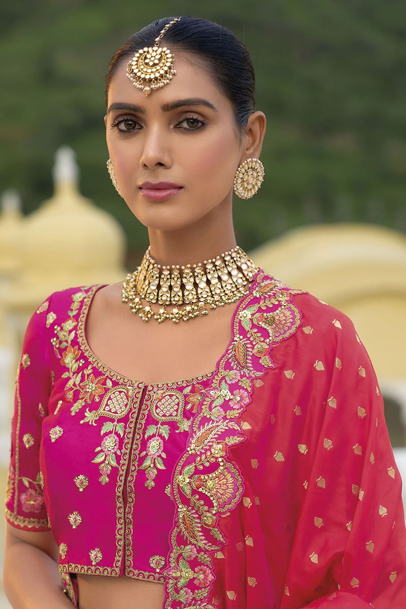 Monjolika Fashion Designer Silk Rani Pink Color Bridal Wear Khatli Work Readymade Lehenga Choli - Swadesiicart