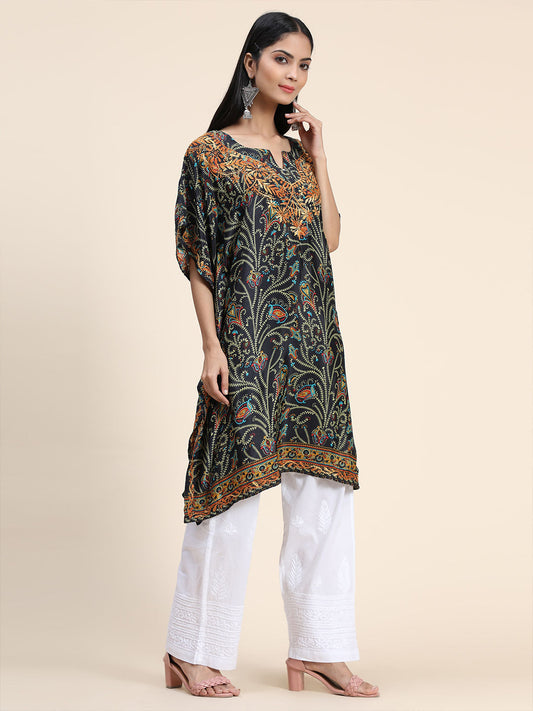HOUSE OF KARI Ethnic Motifs Printed Chikankari Embroidery Cotton Kaftan Kurta | Swadesiicart
