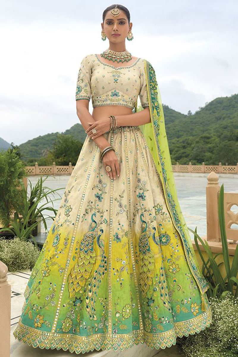 Monjolika Fashion Designer Silk Cream and Green Color Bridal Wear Khatli Work Readymade Lehenga Choli - Swadesiicart