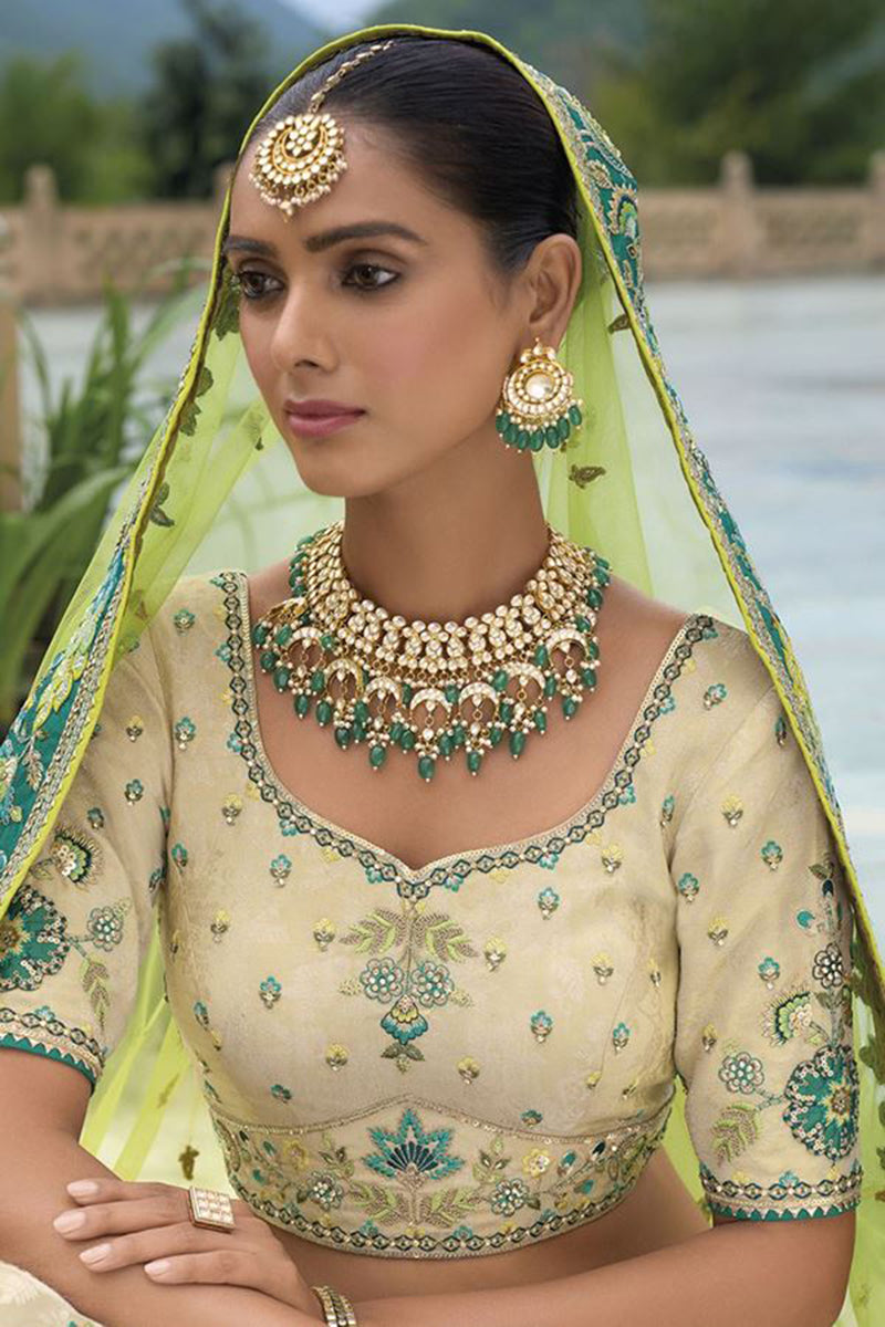 Monjolika Fashion Designer Silk Cream and Green Color Bridal Wear Khatli Work Readymade Lehenga Choli - Swadesiicart