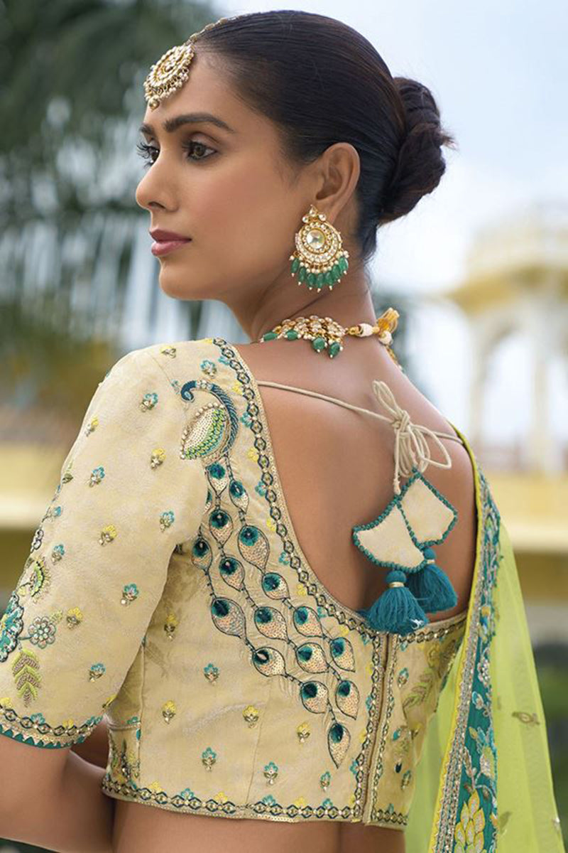 Monjolika Fashion Designer Silk Cream and Green Color Bridal Wear Khatli Work Readymade Lehenga Choli - Swadesiicart