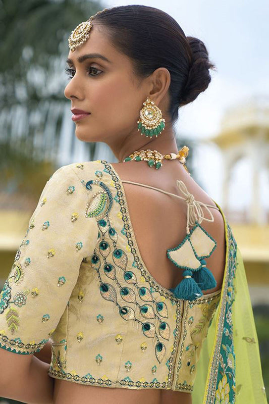 Monjolika Fashion Designer Silk Cream and Green Color Bridal Wear Khatli Work Readymade Lehenga Choli - Swadesiicart