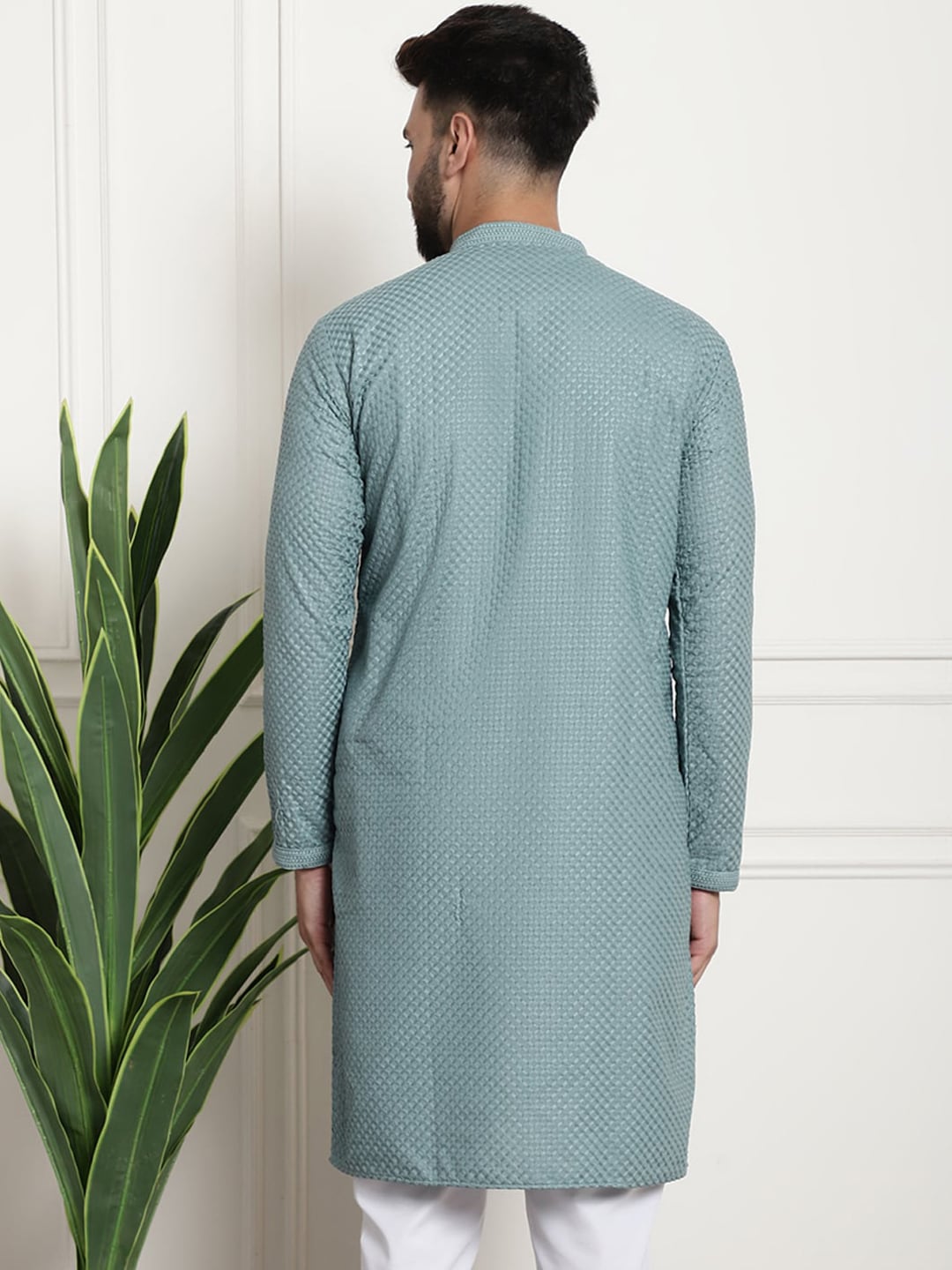 Sojanya Woven Design Mandarin Collar Straight Cotton Kurta | Swadesiicart