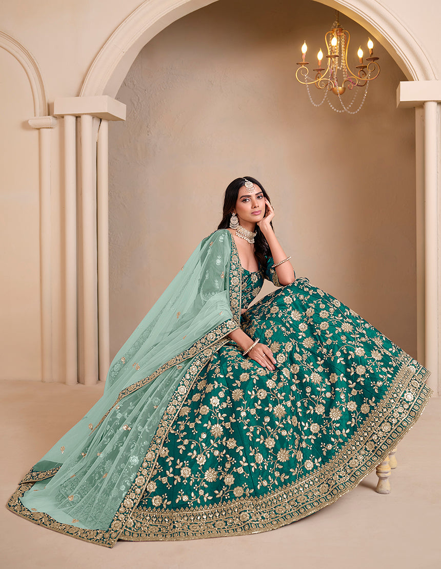 Monjolika Fashion Teal Embroidered Art Silk Designer Lehenga Choli - Swadesiicart