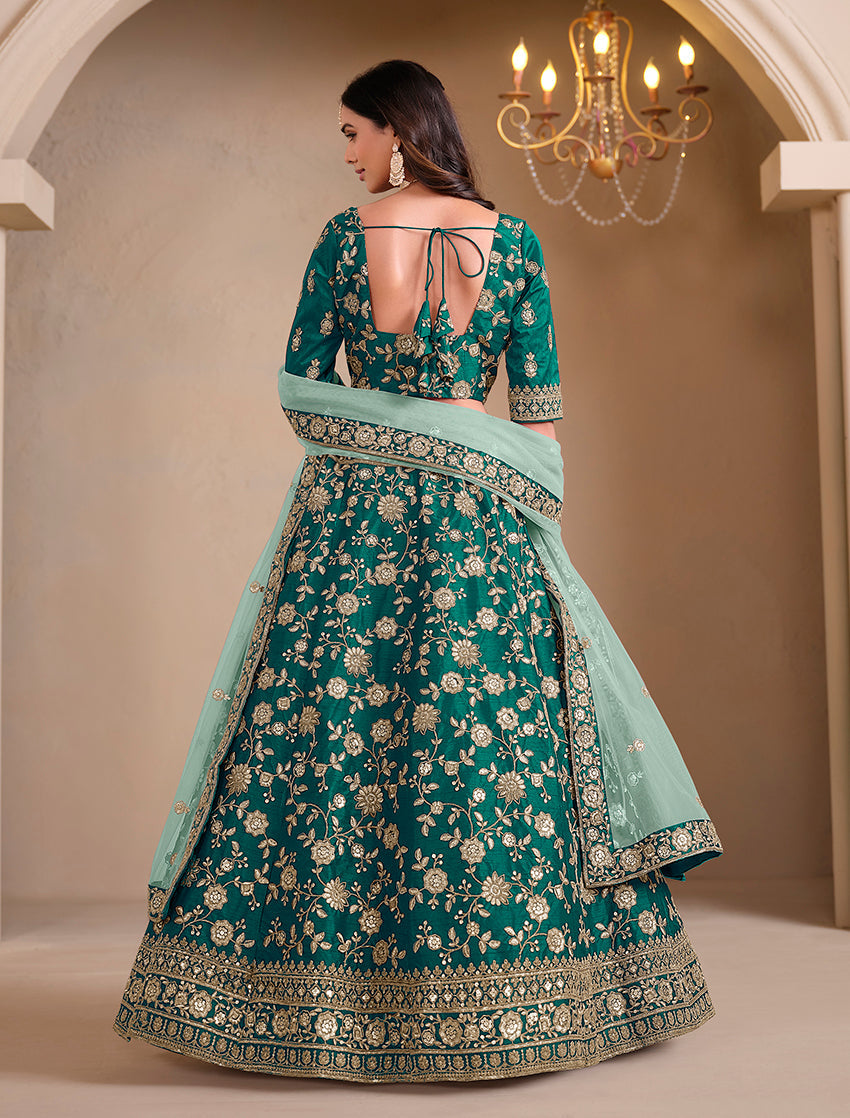 Monjolika Fashion Teal Embroidered Art Silk Designer Lehenga Choli - Swadesiicart