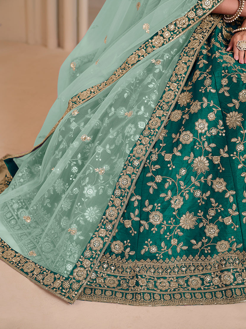 Monjolika Fashion Teal Embroidered Art Silk Designer Lehenga Choli - Swadesiicart