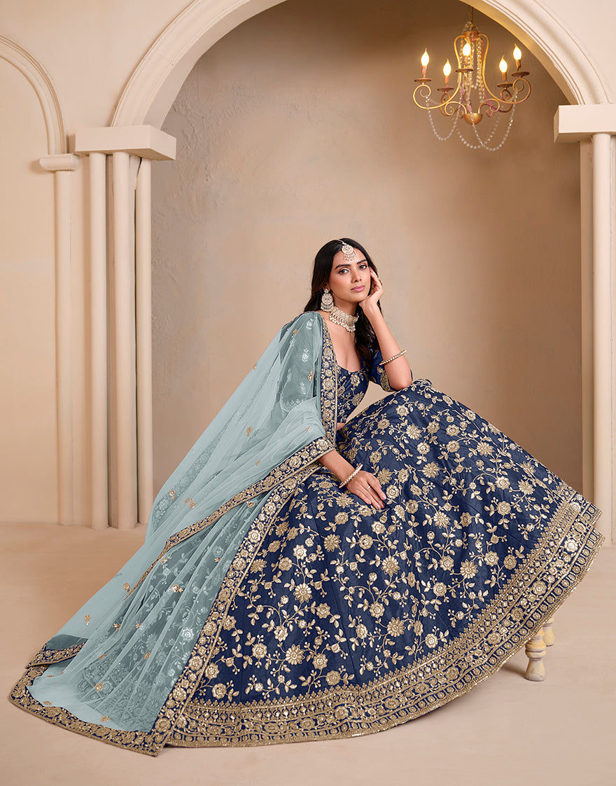 Monjolika Fashion Navy Blue Embroidered Art Silk Designer Lehenga Choli - Swadesiicart