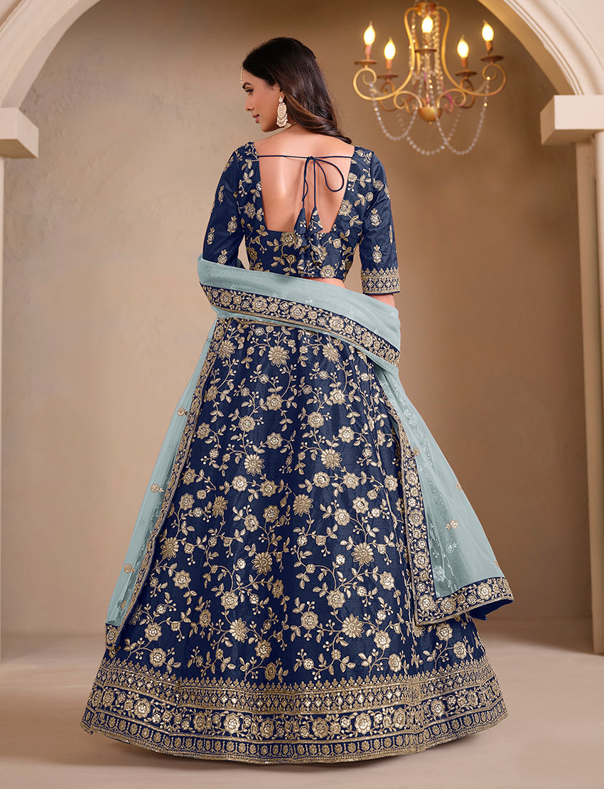 Monjolika Fashion Navy Blue Embroidered Art Silk Designer Lehenga Choli - Swadesiicart
