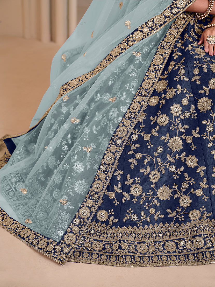 Monjolika Fashion Navy Blue Embroidered Art Silk Designer Lehenga Choli - Swadesiicart