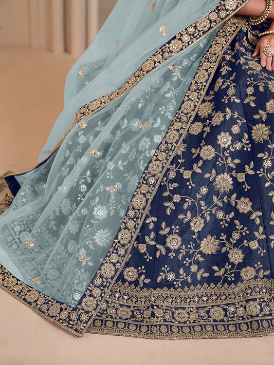 Monjolika Fashion Navy Blue Embroidered Art Silk Designer Lehenga Choli - Swadesiicart