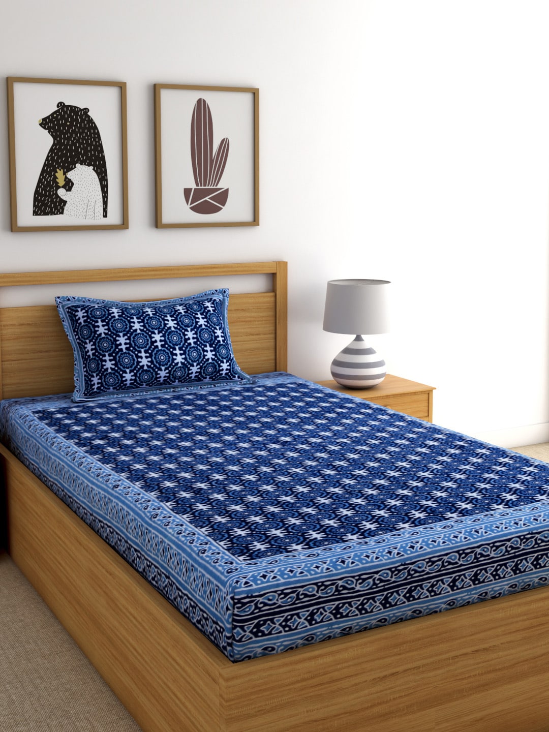 Rajasthan Decor Navy Blue Block Print 144 TC Cotton 1 Single Bedsheet with 2 Pillow Covers - Swadesiicart