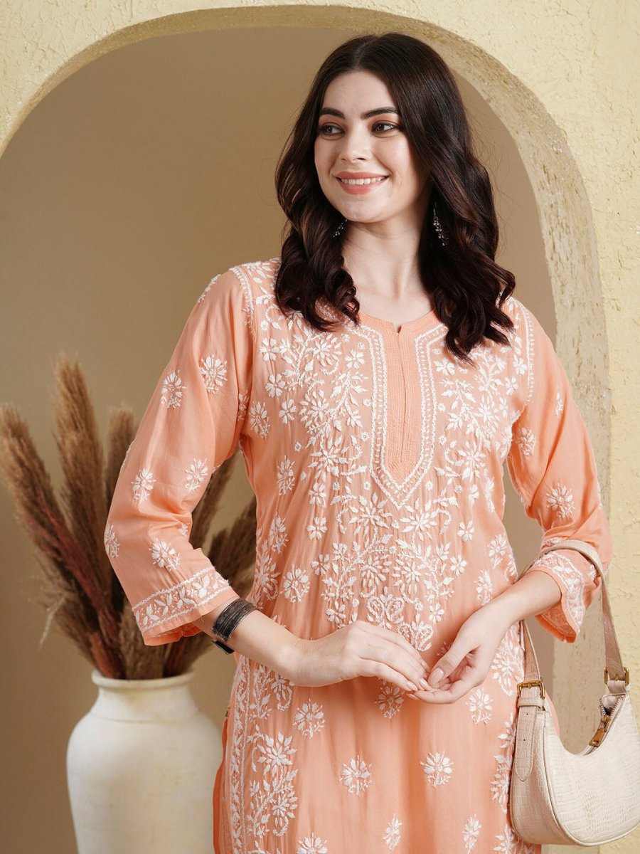 ADA Ethnic Motifs Embroidered Lucknowi Chikankari Detailed Modal Cotton Straight Kurta | Swadesiicart