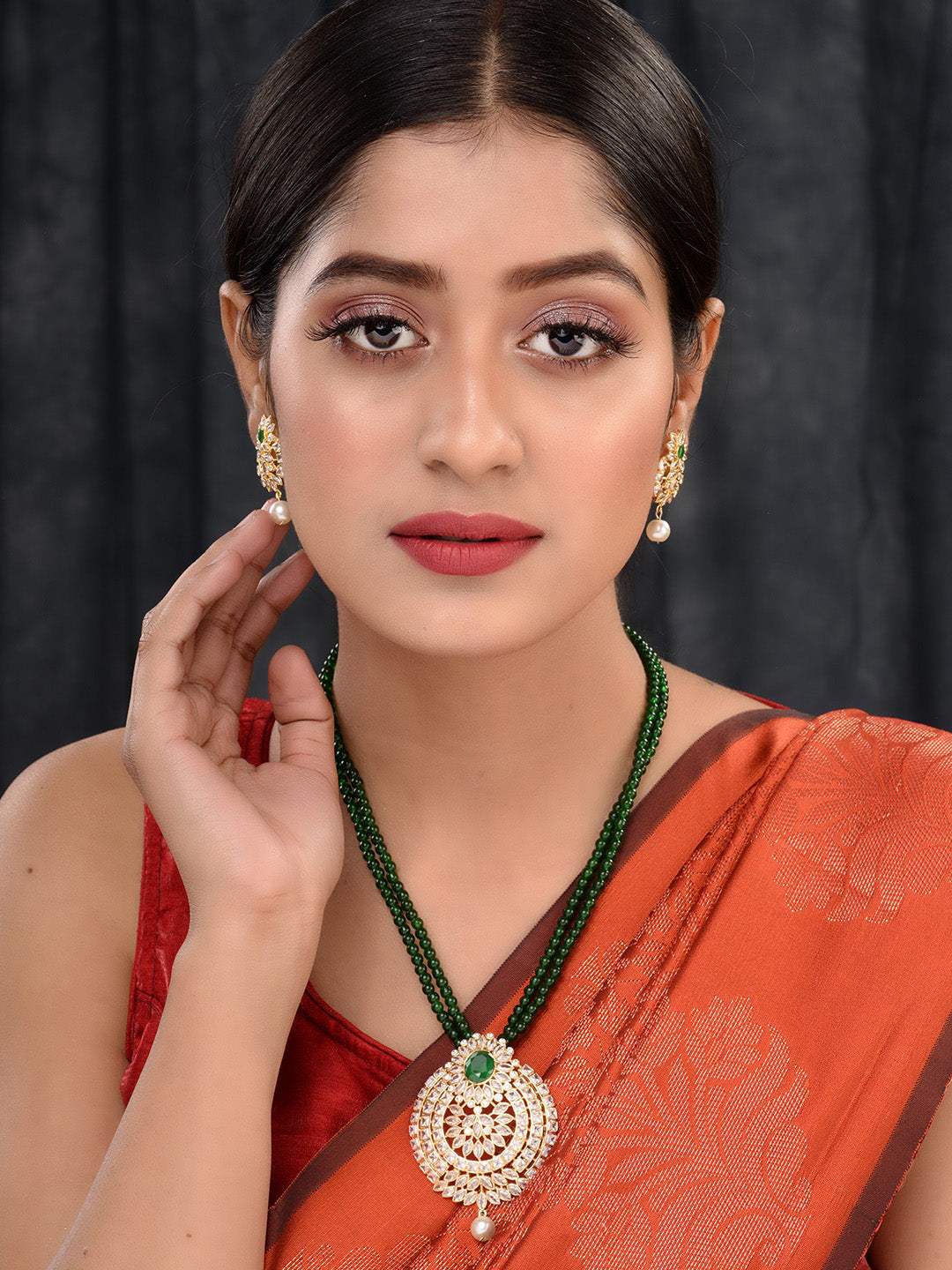 Saraf RS Jewellery Gold-Polished Polki Studded With Beads Handcrafted Jewellery Set - Swadesiicart