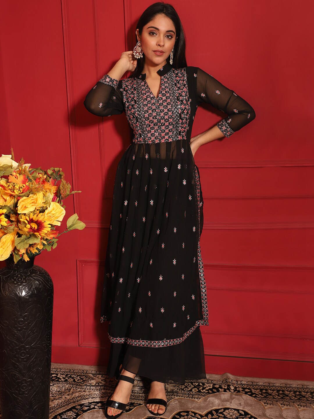 Kalini Embroidered Pleated Thread Work Kurta with Sharara | Swadesiicart